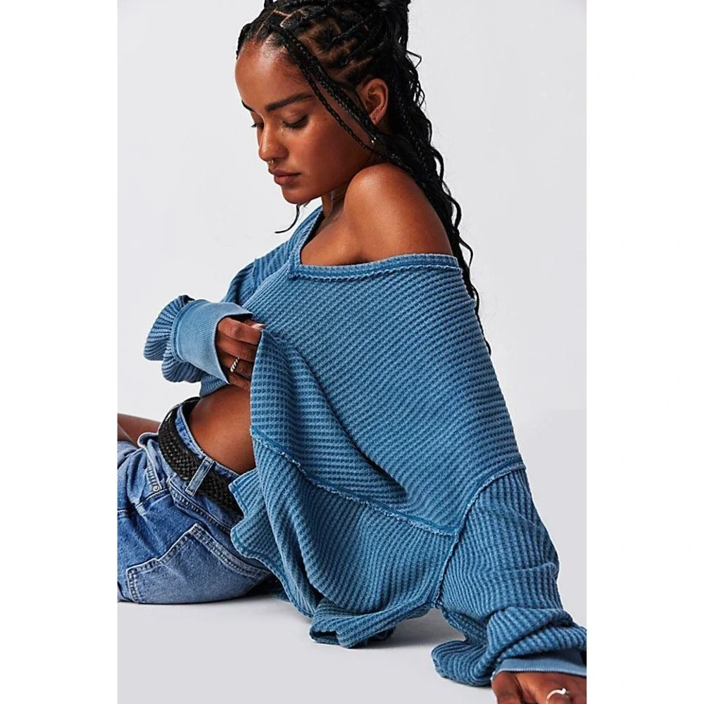 Free People We The Free Coraline Indigo Wash Blue Waffle Weave V-Neck Top XS